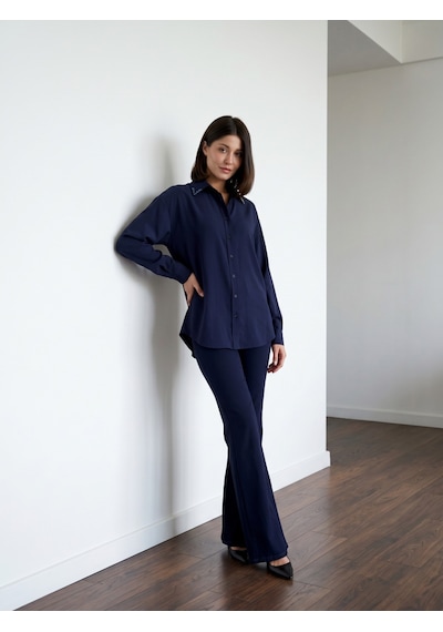Pera Moda Yakası Taşlı Modal Kumaş Oversize Kadın Gömleği İndigo