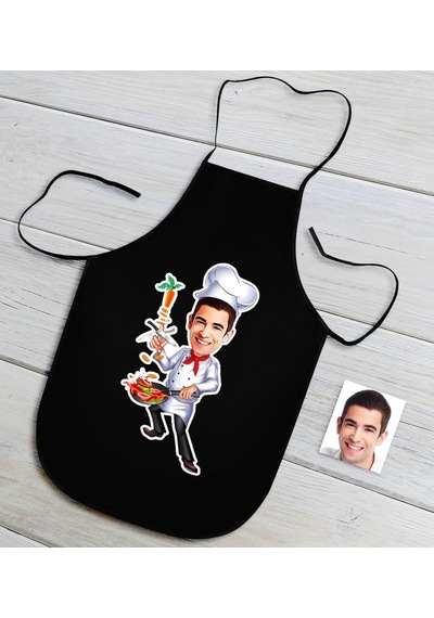 Kişiye Özel Erkek Chef Karikatürlü Siyah Mutfak Önlüğü-5