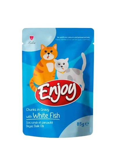 Enjoy Pouch Sos İçinde Et Parçacıklı Beyaz Balıklı Yetişkin Kedi Konservesi 85 Gr