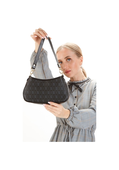 Newish Polo Kadın Omuz Çantası Ve Cüzdan Seti 2 Li Monogram Desenli, Fermuarlı Cüzdanlı - New395 Siyah