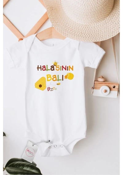 Hediyenza Halasının Balı Özel Tasarım Bebek Zıbın Pamuklu Çıtçıtlı Body Beyaz