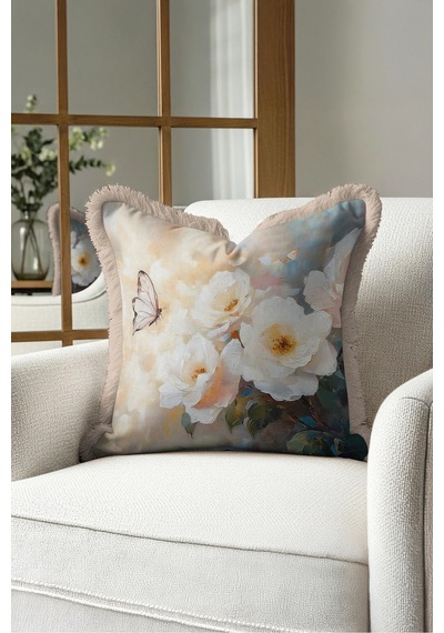 Çiçek Kelebek Desenli Saçaklı Yastık Kılıfı-sanatsal Floral Mavi Krem Vizon Püsküllü Kırlent Kılıfı Puslu Esinti Aura Çiçek Kelebek Desenli Saçaklı Yastık Kılıfı-sanatsal Floral Mavi Krem Vizon Püsküllü Kırlent Kılıfı Puslu Esinti Aura