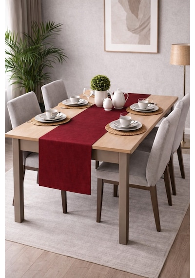 Perdeyap1980 Kadife Dokulu Bordo Renk Ada Serisi Runner 40 X 140 Cm Bordo