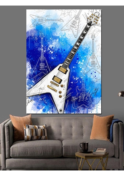 Ahşap Tablo Fly Kasa Elektro Gitar Ve Mavi Arka Fon