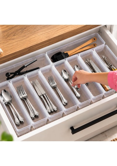 Tr 0382 10'lu Modüler Çekmece İçi Organizer Seti 30x7,5 Cm Şeffaf Mutfak, Kaşıklık, Çatal Bıçak Ve Makyaj Genel