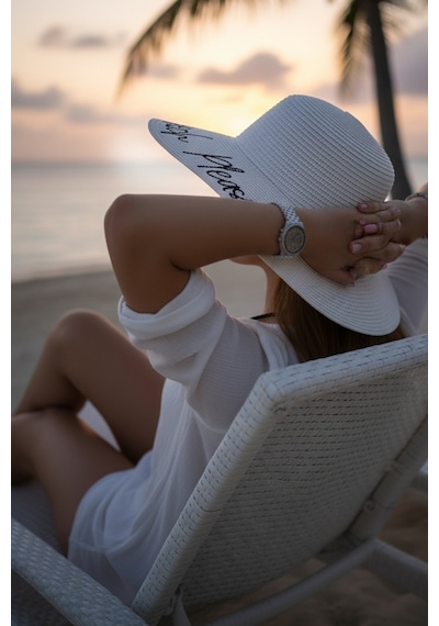 Beach Please Plaj Sahil Lütfen Motto Yazılı Yazlık Tatil Deniz Güneş Geniş Hasır Şapka Beyaz