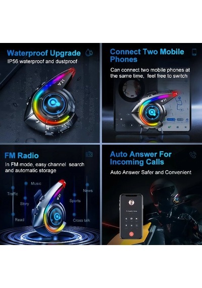 Çeşithane Y21 Renkli Işıklı Motosiklet İnterkom - Dahili Fm Radyolu, Bluetooth 5.3 Teknolojili, Rgb