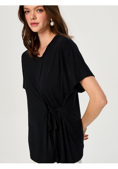 Faik Sönmez Beli Bağcık Detaylı Yuvarlak Yaka Modallı Tunik T-shırt S26tsh077 Us26tsh07710 Siyah