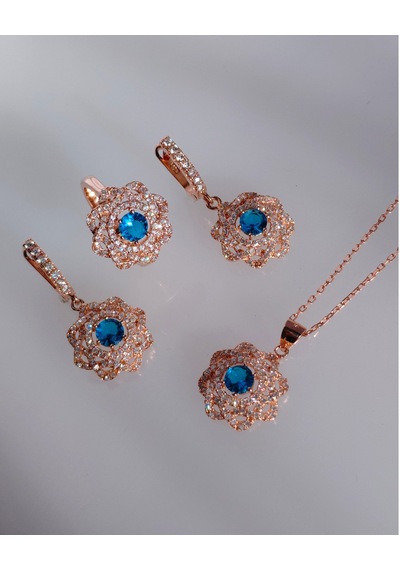 Gümüş Gold Gül Tasarım Kolye Küpe Yüzük Kadın Set No:12