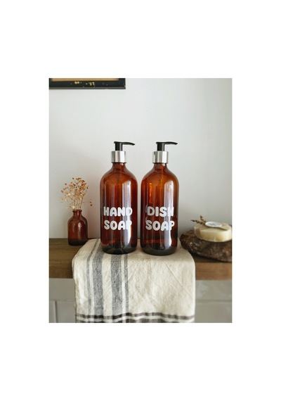 Buççin Online Mağaza 2'li Amber Cam Sıvı Sabun Bulaşık Deterjanı Şişesi 500ml Dekoratif Cam Çok Renkli