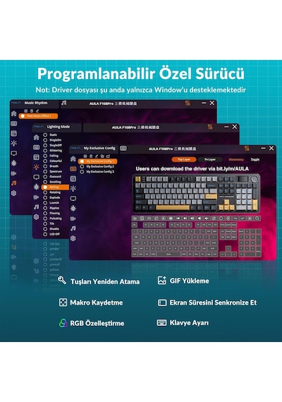 Aula F108 Pro Ekranlı Mekanik Klavye Zephyr Switch Rgb Hot Swap 8000mah Makrolu Oyuncu Klavyesi Gri