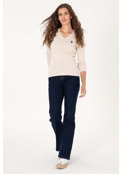 U.S. Polo Assn. Kadın Krem Melanj V Yaka Basic Kazak 50313625-VR159