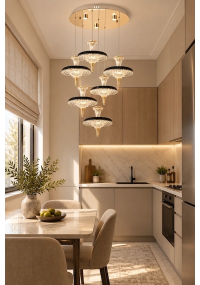 Modern Premium Sarkıt Avize 6'lı Led Gold Siyah Detaylı Modern Salon Avizesi 124w 3 Renk