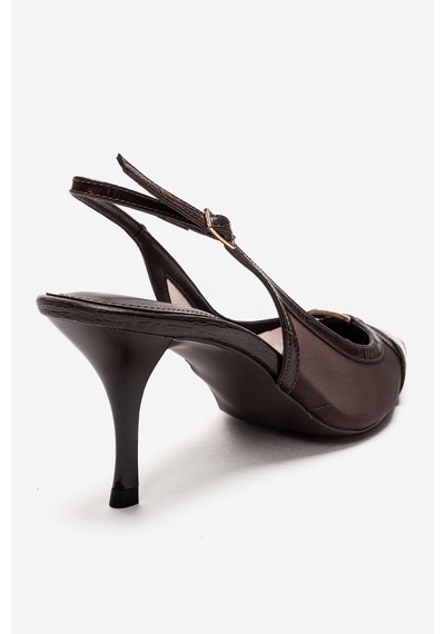 Luvishoes Orella Kahverengi Baskı Tokalı Fileli Kadın Topuklu Ayakkabı Kahverengi