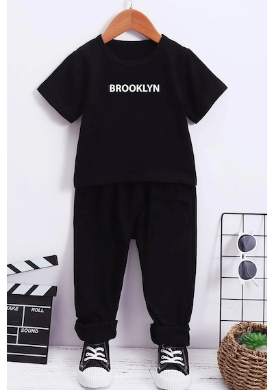Uyguntarz Çocuk Brooklyn Baskılı Alt - Üst Eşofman Takımı Siyah