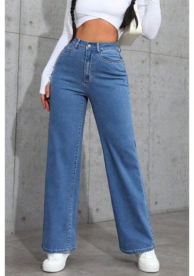 Orta Mavi Palazzo Pantolon Wide Leg Yüksek Bel Denim Jeans Orta Mavi