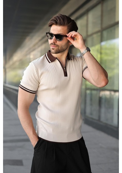 Madmext Taş Rengi Yarım Fermuarlı Polo Yaka Triko Erkek Tişört E7501