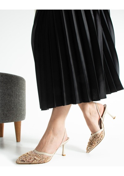 Lebibe Shoes Meggıe Kadın Bej Sivri Burun 7 Cm Topuklu Tül Üzerine İnci İşlemeli Slingback Ayakkabı