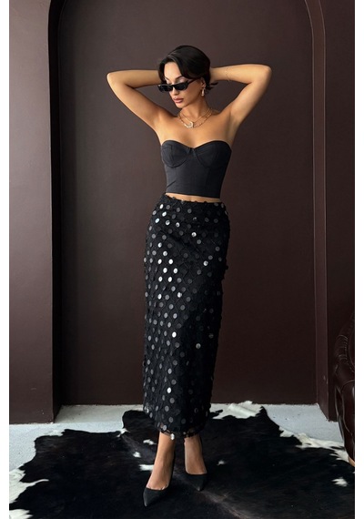Verymoda Pul Detaylı Abiye Midi Etek F2012 Siyah
