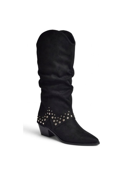 Fox Shoes Z726106802 Siyah Süet Kalın Topuklu Pim Detaylı Kadın Çizme