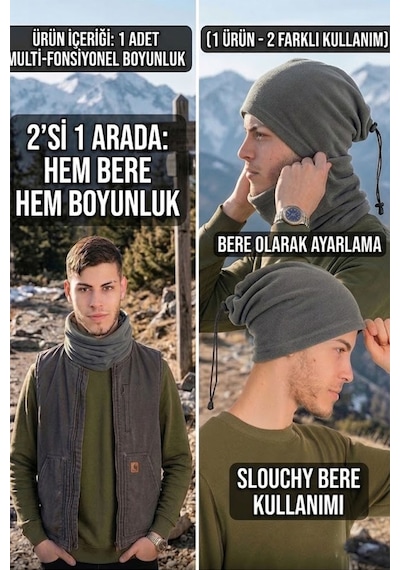 Ritagarcia Erkek Polar Boyunluk Bere 2'si 1 Arada İpli Ayarlanabilir Çok Amaçlı Kışlık Boyunluk Bere Gri