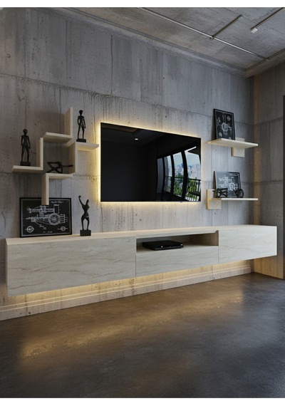 Resital Duvara Monte Ledli 270 Cm Tv Ünitesi Duvar Raflı - Ll6046 Traverten