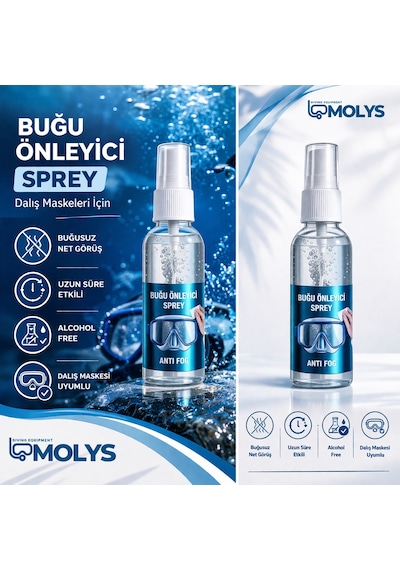 Molys Anti Fog Sprey 50 ml - Dalış Maskesi Ve Yüzücü Gözlüğü Buğu Önleyici - Alcohol Free Şeffaf - 50 ml