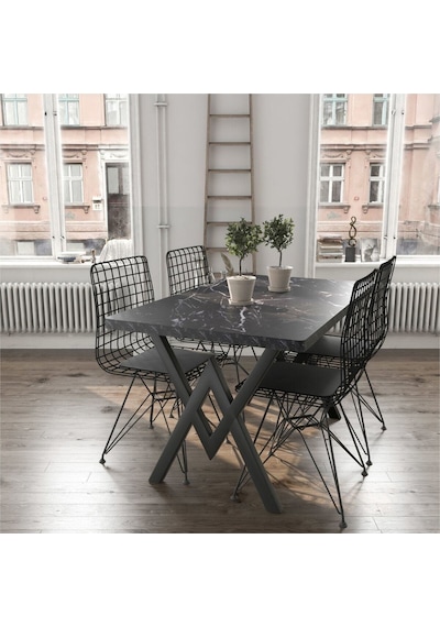 Avvio 80x120 Serap Tel Kafes 4 Kişilik Siyah Mermer Görünümlü Mutfak Masası Yemek Masası Cafe Masası