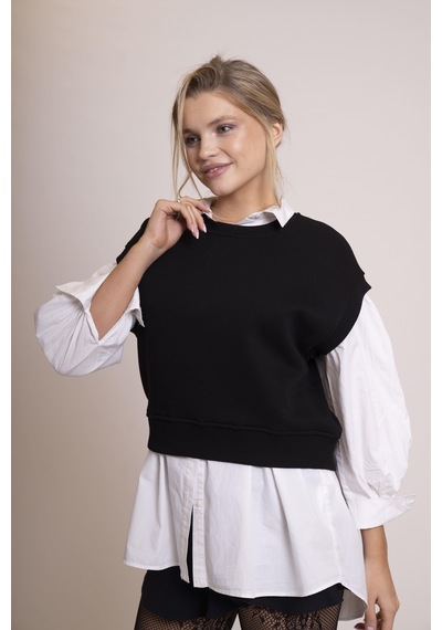 Afloow Delicate Kadın Siyah %100 Pamuk Oversize Kolsuz Süveter Şık Ve Rahat Basic Yarım Kollu Yelek Siyah