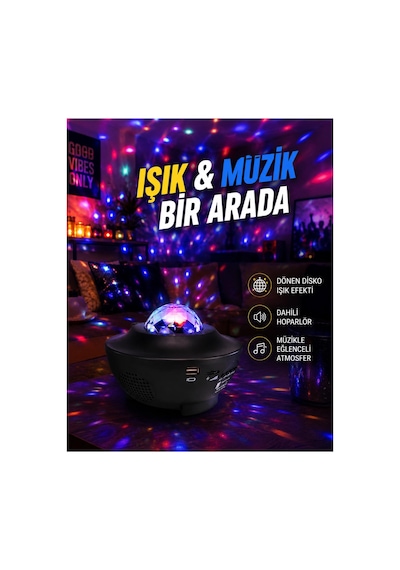 Sesle Etkileşimli Yıldız Projektörlü Gece Lambası Bluetooth Hoparlörlü, Usb Girişli, Dönen Okyanus Düz Renkli