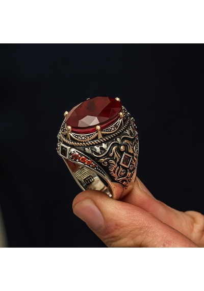 Oval Kırmızı Paraiba Taşlı 925 Gümüş Erkek Yüzük Beyaz