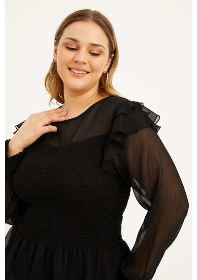 Myline Astarlı Şifon Gipe Detaylı Bluz - Siyah