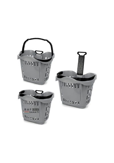 5 Adet - 43 Lt Tekerlekli Market Sepeti Plastik Alışveriş Sepeti Ergonomik Çift Saplı Gri