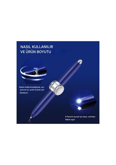 Rotasyonlu Çok Fonksiyonlu Kalem - Led Işık Ve Rahatlama Özelliği , Metal Kalem, Pratik Kalem Mavi Mavi