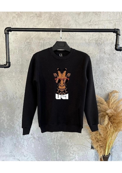 Startmore Siyah Oversize Zürafa Baskılı Kapşonsuz 0 Yaka Pamuklu Unisex Sweatshirt Siyah
