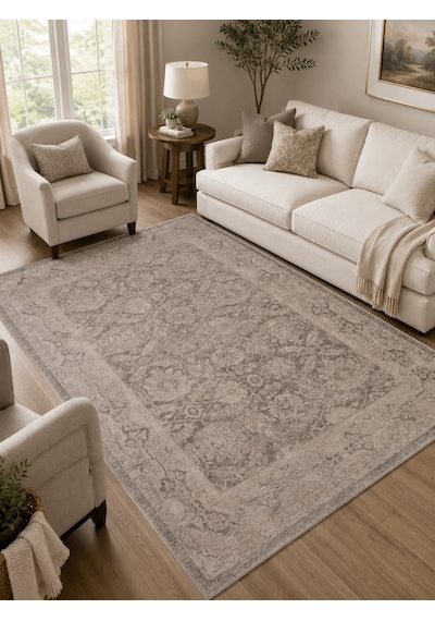Shiraz Shr 01 Grey Vintage Eskitme Tarzı Yumuşak Dokulu Salon Halısı Oturma Odası Halısı Gri