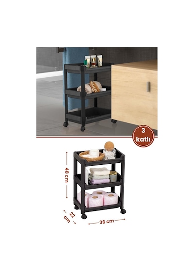 Flosoft 3 Katlı Tekerlekli Düzenleyici Raf, Mutfak Banyo Temizlik Katlı Organizer 22x36x48cm Siyah Siyah