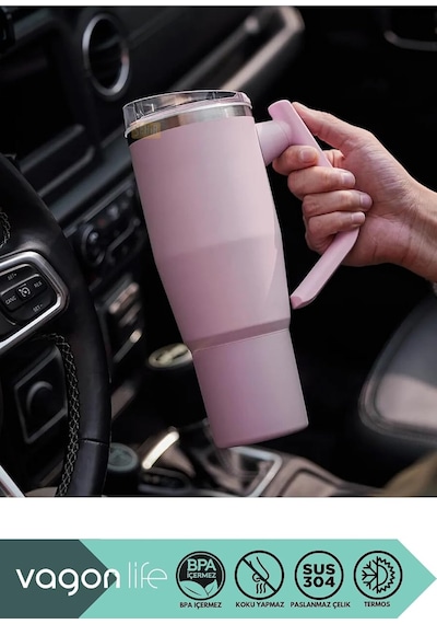 Vagonlife Tumbler 950ml Pipetli/pipetsiz Kullanım Fonksiyonel Kulplu Paslanmaz Çelik Termos Açık Mavi Diğer