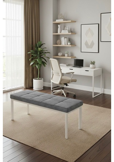 Vena 105x40 Bench - Babyface Kumaş Çımalı Döşeme Puf Bench Beyaz Ayaklı Antrasit