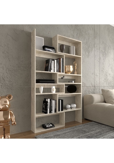 Avole Flat Çok Raflı Geniş Kitaplık Frezya Mermer Desenli Mermer Desenli