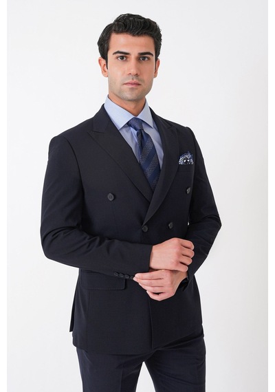 Efor Slim Fit Esnek %97 Yünlü Düz Lacivert Kruvaze Takım Elbise Tk 956