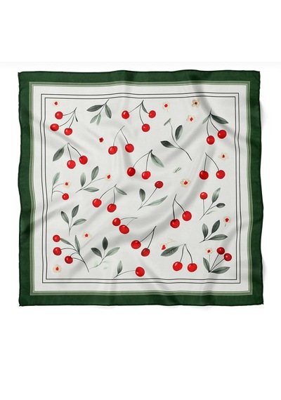 Minuan Rong Kiraz Desenli Fular 50x50 Yeşil- Kırmızı