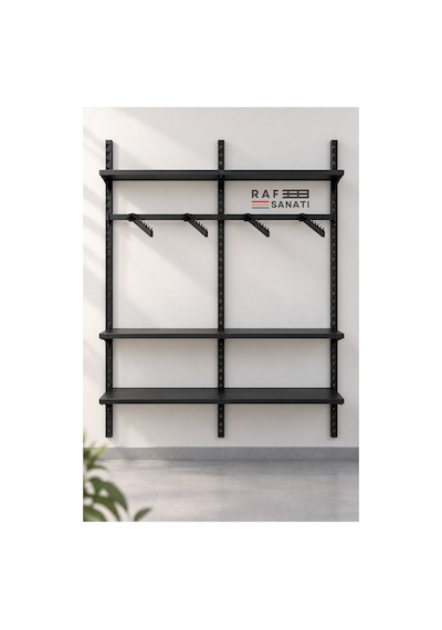 120 Cm Duvar Raf Askılık Sistemi 6 Raflı 2 Modül 200 Cm Konik Dikme Hazır Set Siyah