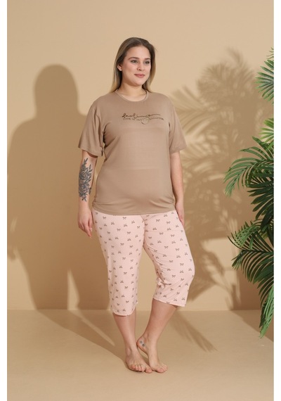 Eyfuze Kadın Curve Büyük Beden Milan Kumaş Kapri Kısa Kollu Pijama Takımı Kahverengi