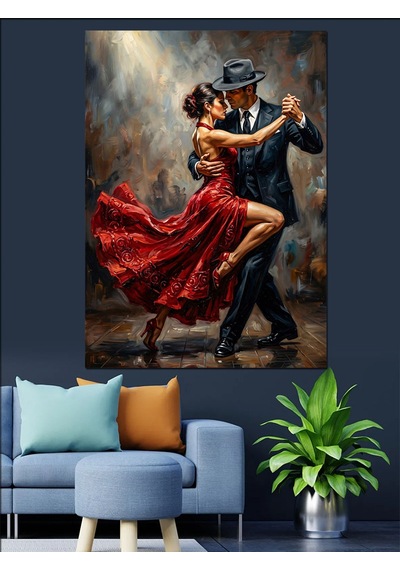 Romantik Kırmızı Elbiseli Tango Dansı Dekoratif Kanvas - Mdf Ahşap Tablo