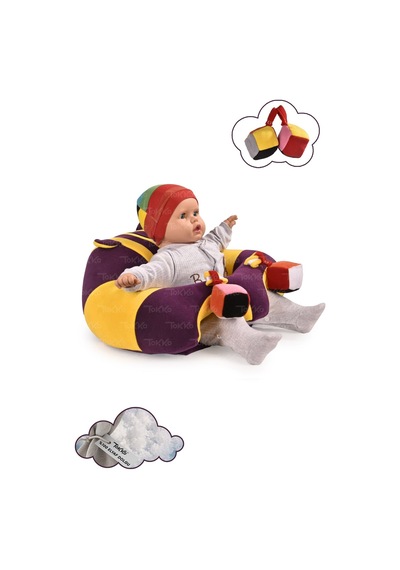 Oyuncaklı Bebek Oturma Destek Minderi - Devrilmez Bebek Koltuğu - Büyük Bebek Oturağı Mor Sarı