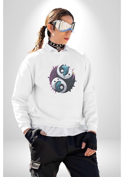 Renkli Yin İle Yang Kuramı Unisex Beyaz Baskılı Sweatshirt Beyaz