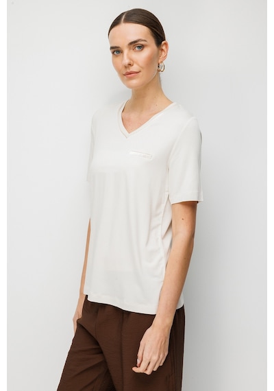 Desen Triko Kadın V Yaka Cebi Saten Şeritli Penye T-shirt 26828 Taş Taş