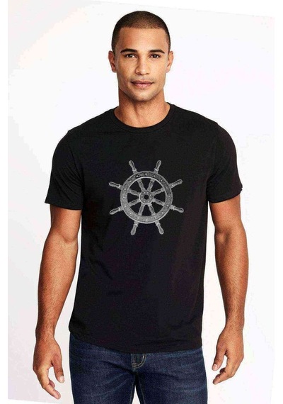 Gemi Dümeni Baskılı Siyah Erkek Tshirt
