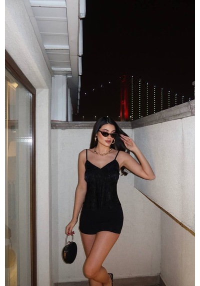 Kechi Woman Leopar Desenli Saten Askılı Bluz Siyah